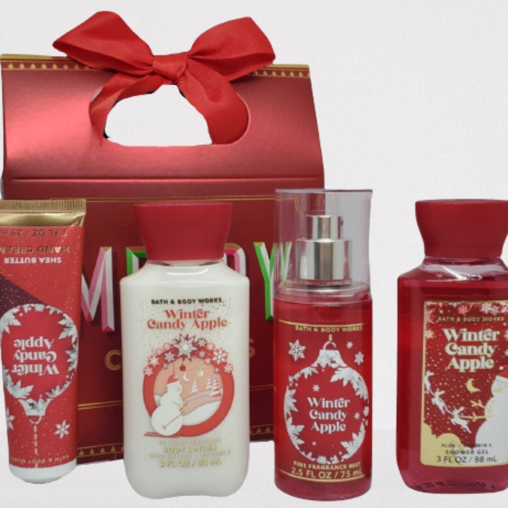 NEW Bath & Body Works Winter Candy Apple Merry Christmas Box Travel Set of 4